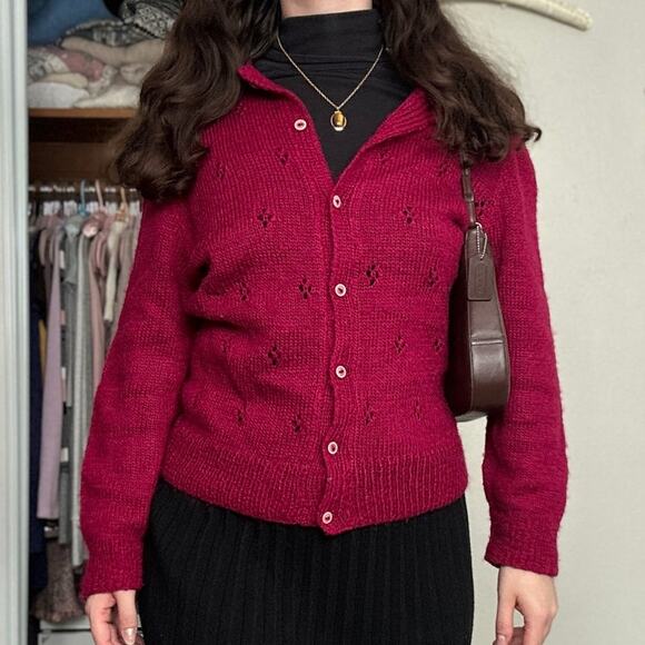 Gorgeous Handmade Knit Berry Red Wool Cardigan Pointelle Fits like Medium - Picture 2 of 10